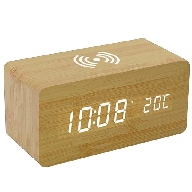 Wooden Digital Alarm Clock With Wireless Charging