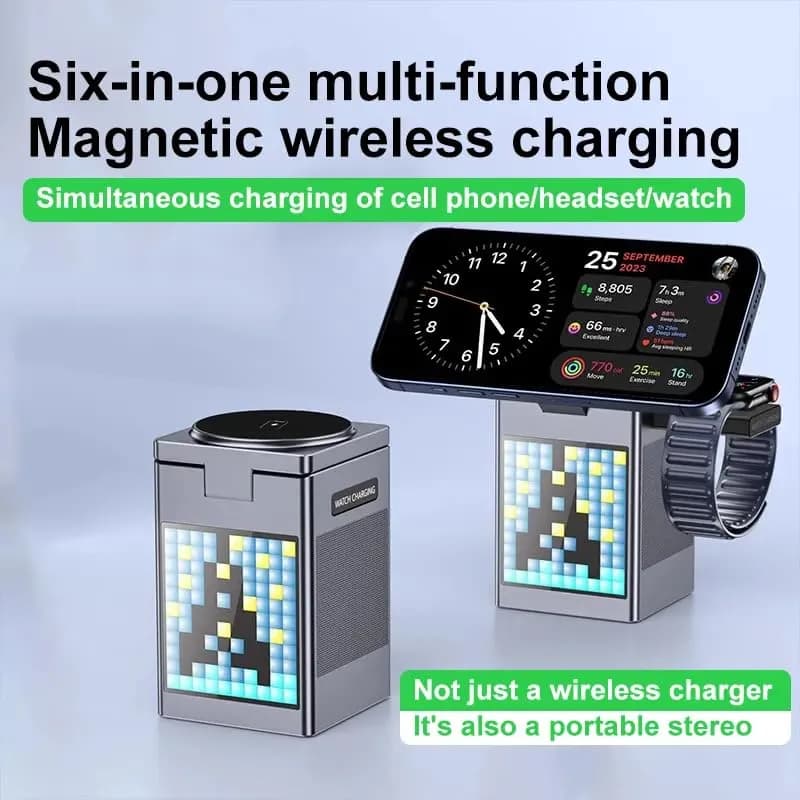 5-in-1 Wireless Charger with Bluetooth Speaker and digital clock 