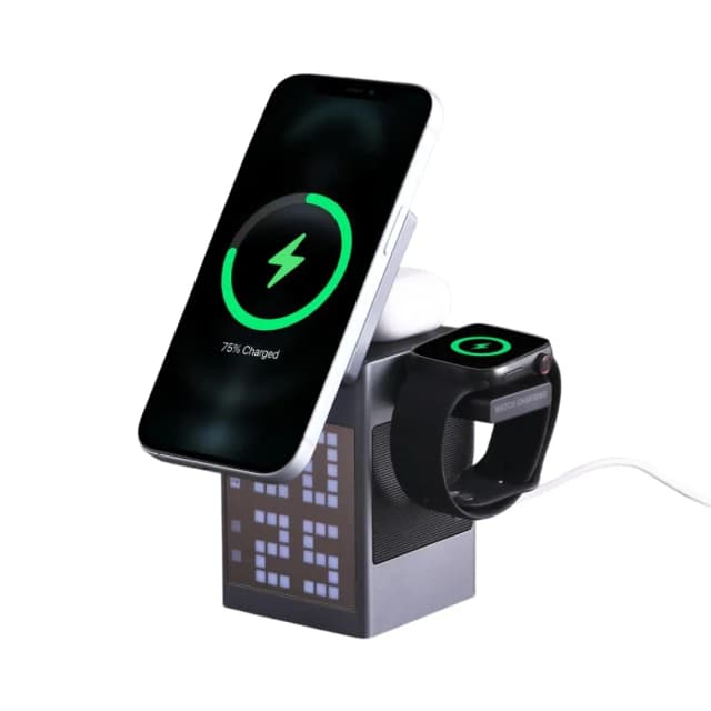 5-in-1 Wireless Charger with Bluetooth Speaker and digital clock 
