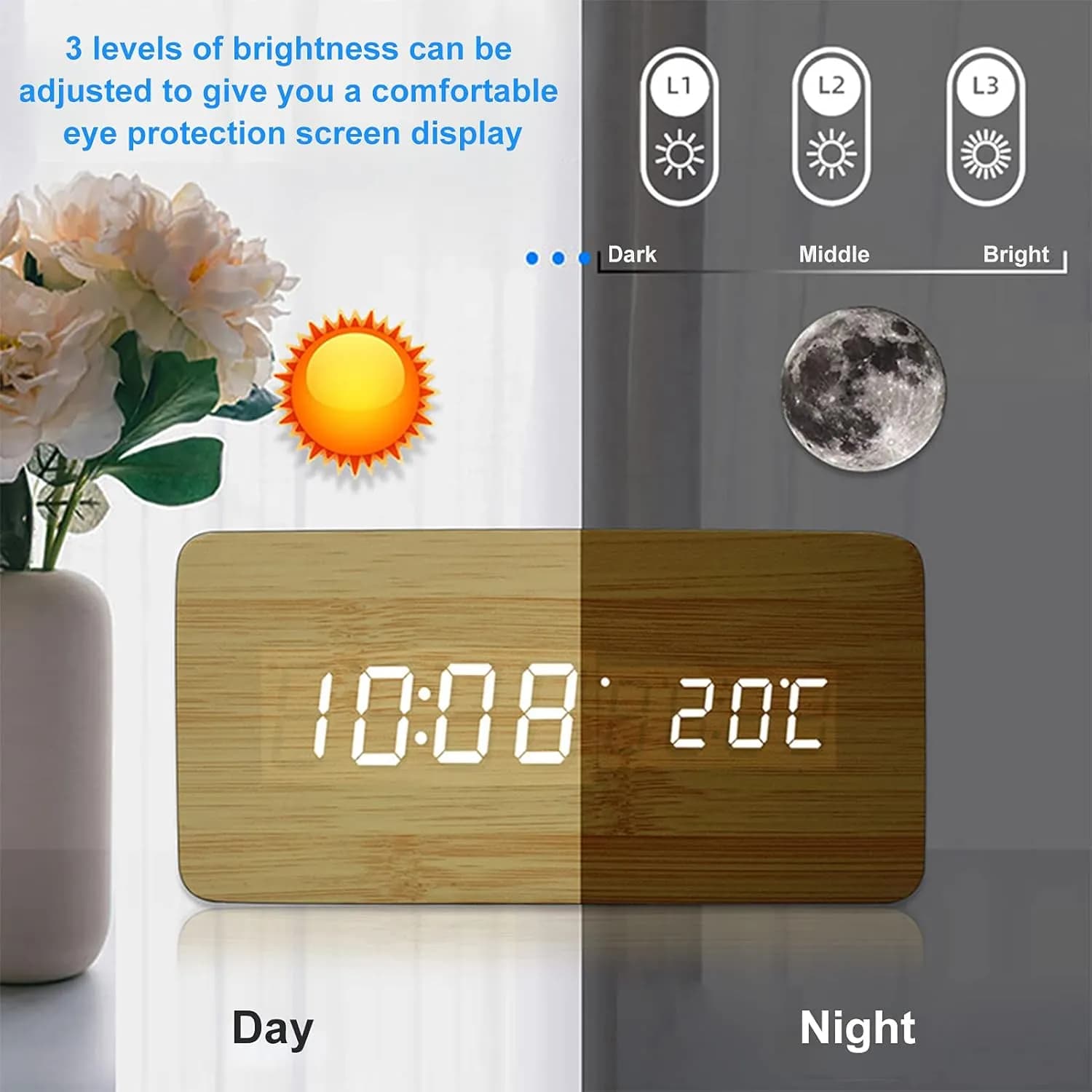 Wooden Digital Alarm Clock With Wireless Charging